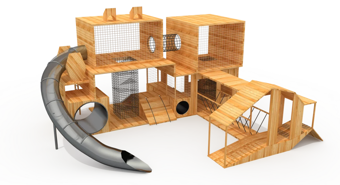 Multi-Level Climbing Adventure Wooden Cabin Playground