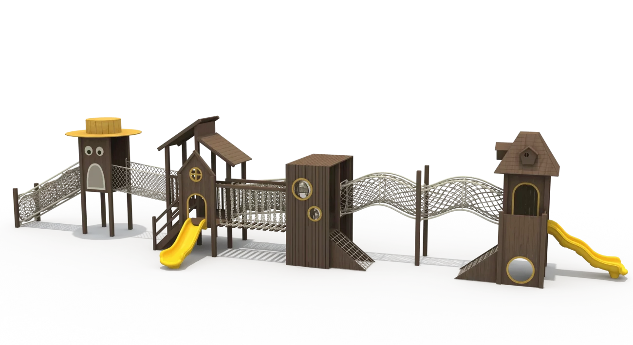 Wooden Hut Playground with Wave Slides and Climbing Net