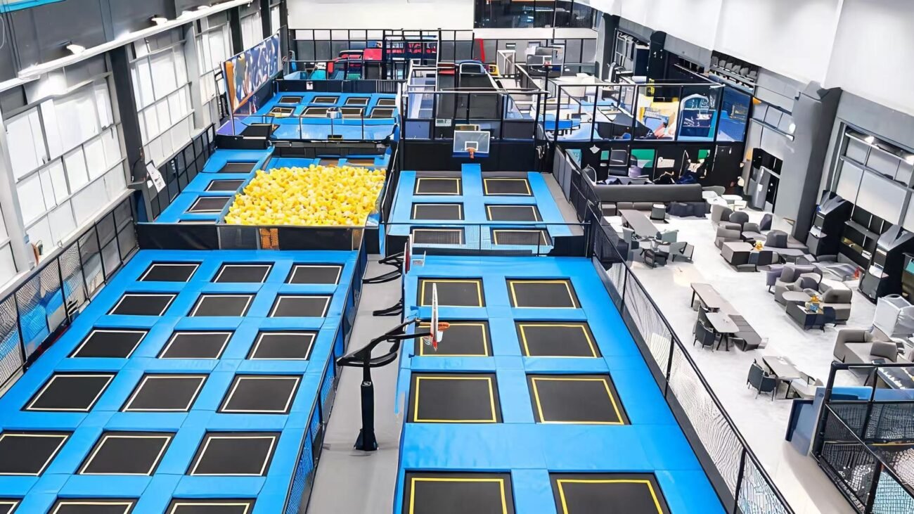 Aerial rendering of indoor trampoline park
