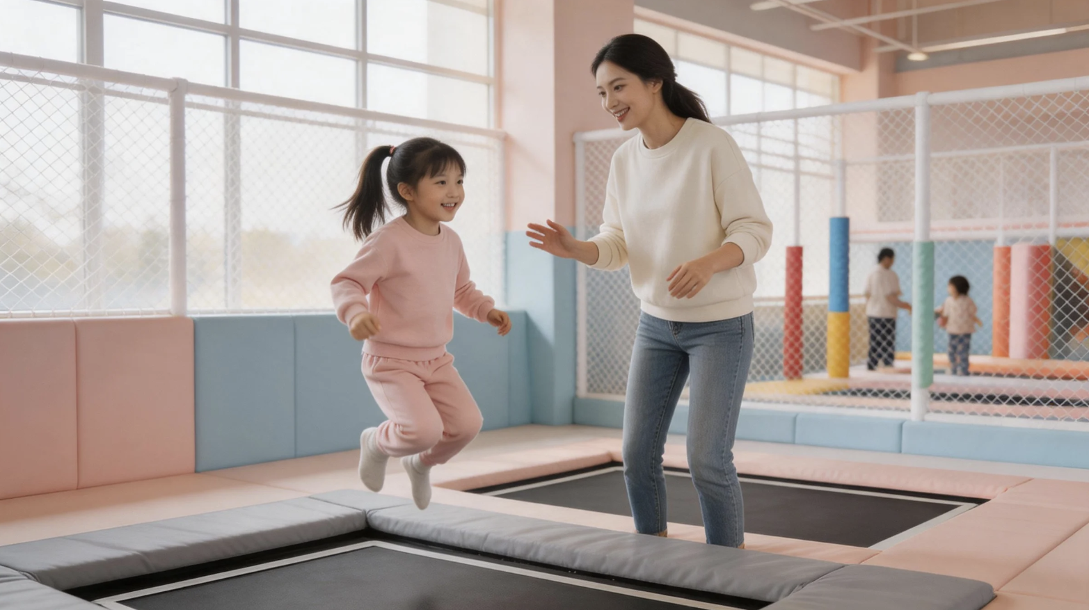 A mother watching her young daughter jump happily in a soft, safe indoor trampoline park play area.