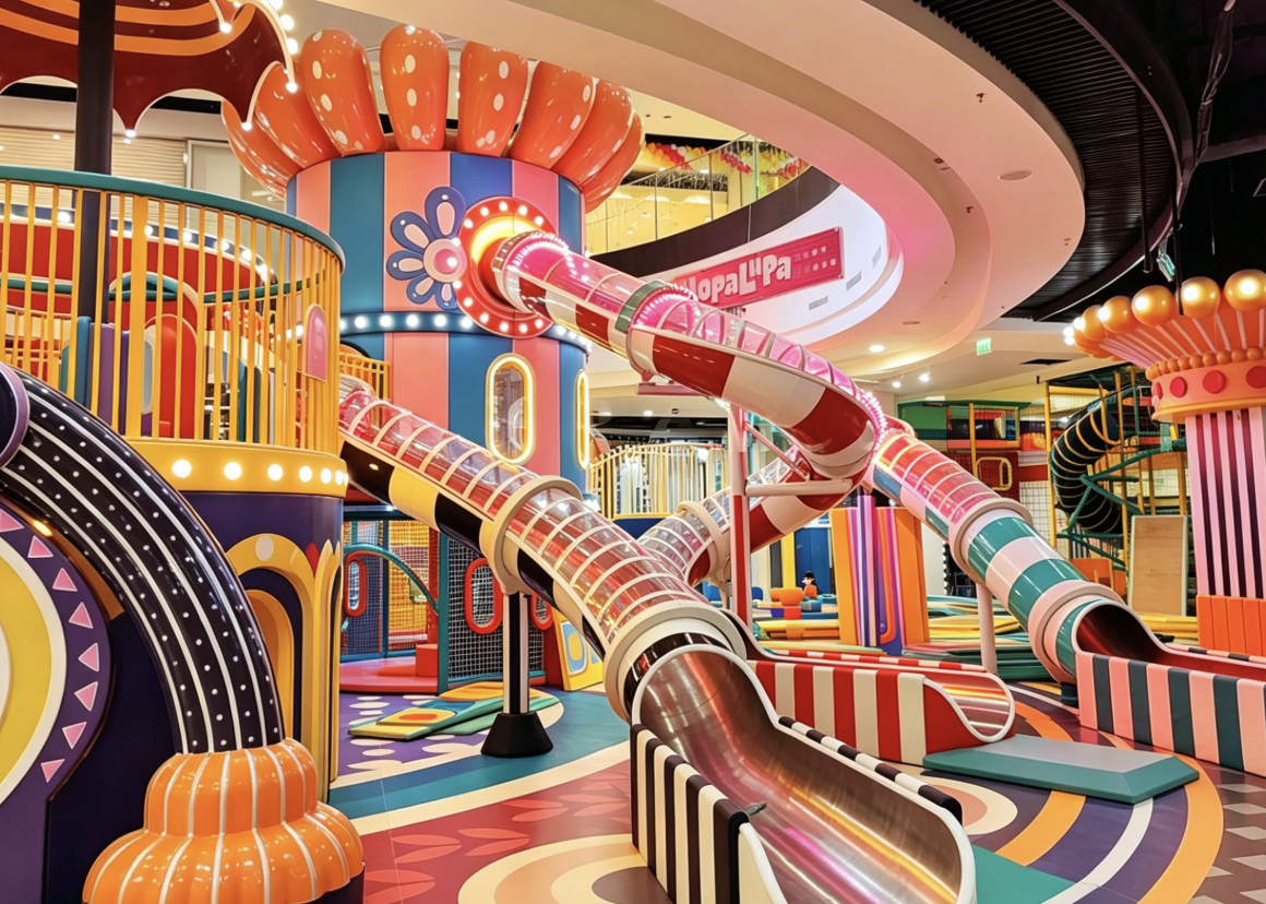 Indoor playground featuring multicolored tube slides, pastel castle towers, and neon lights.