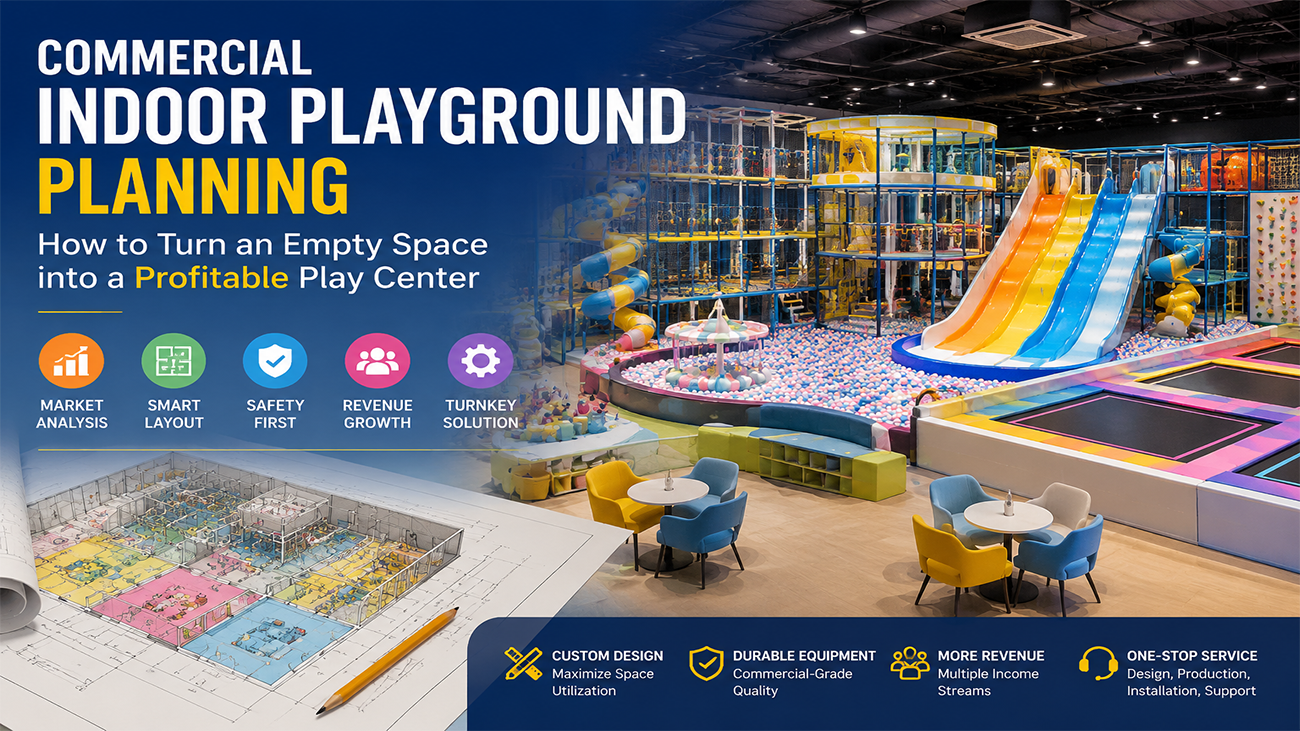 Commercial indoor playground planning design showing a profitable play center layout, custom equipment solutions, smart space utilization, and turnkey services. manufacturer
