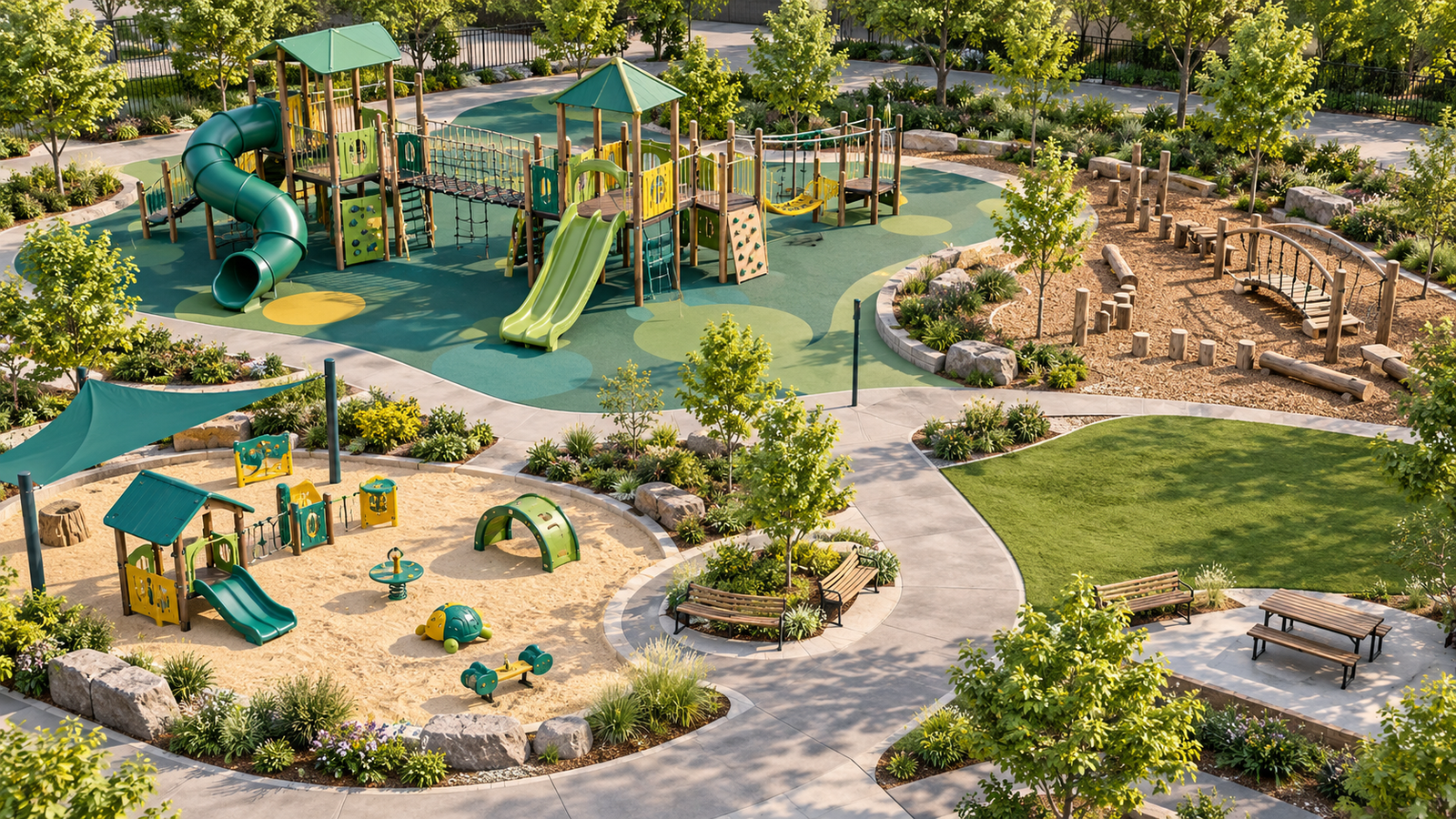 AI concept of commercial playground equipment showing school and park activity zones, circulation and supporting areas.