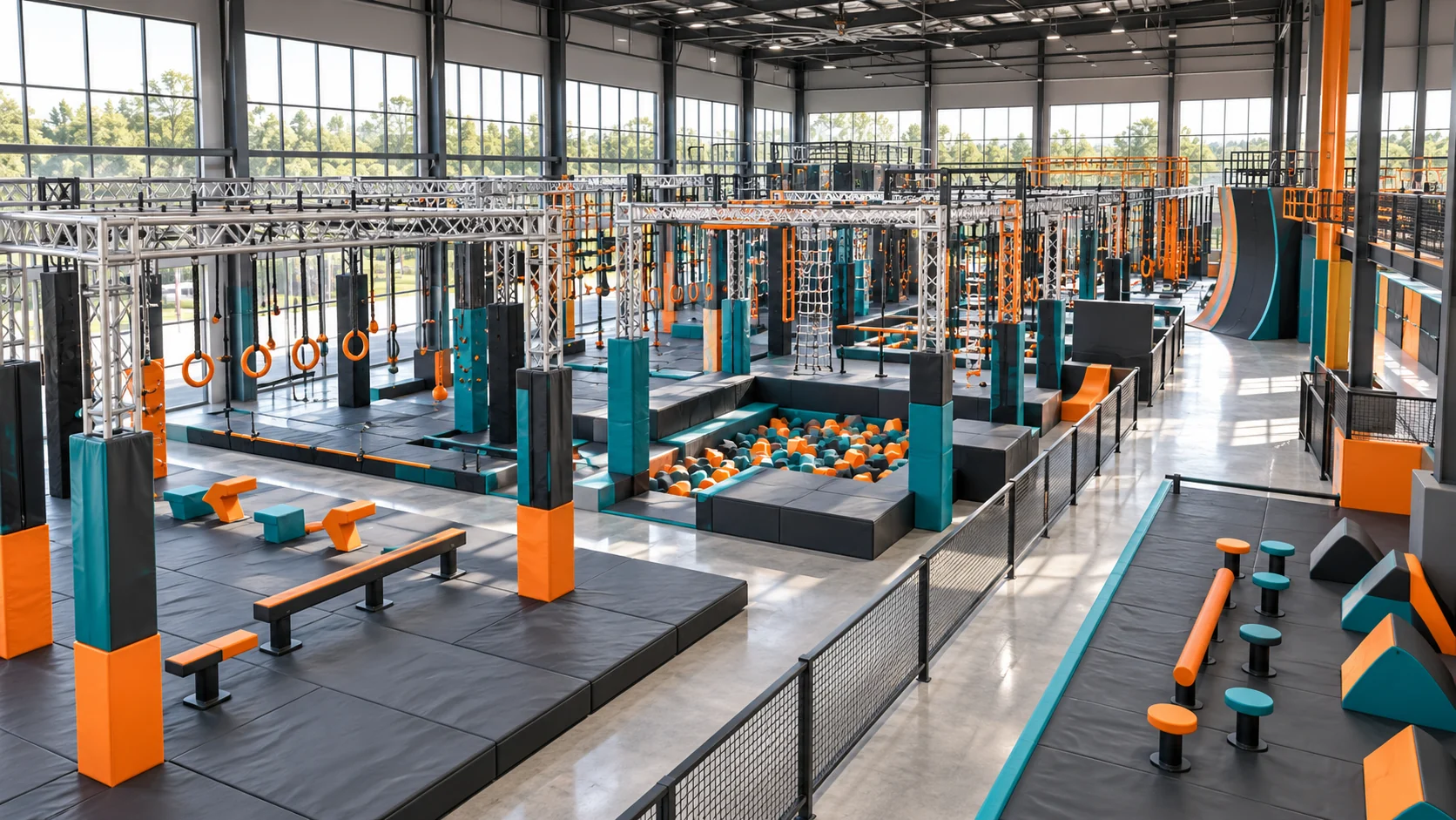 AI concept rendering of a commercial ninja course equipment layout