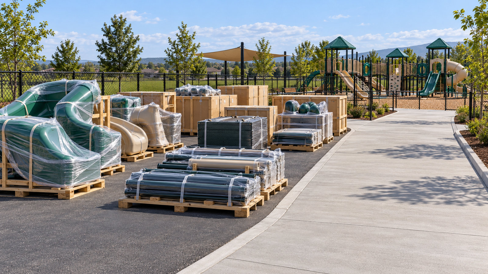 AI concept of outdoor playground equipment receiving, organized component storage and an accessible site delivery route.