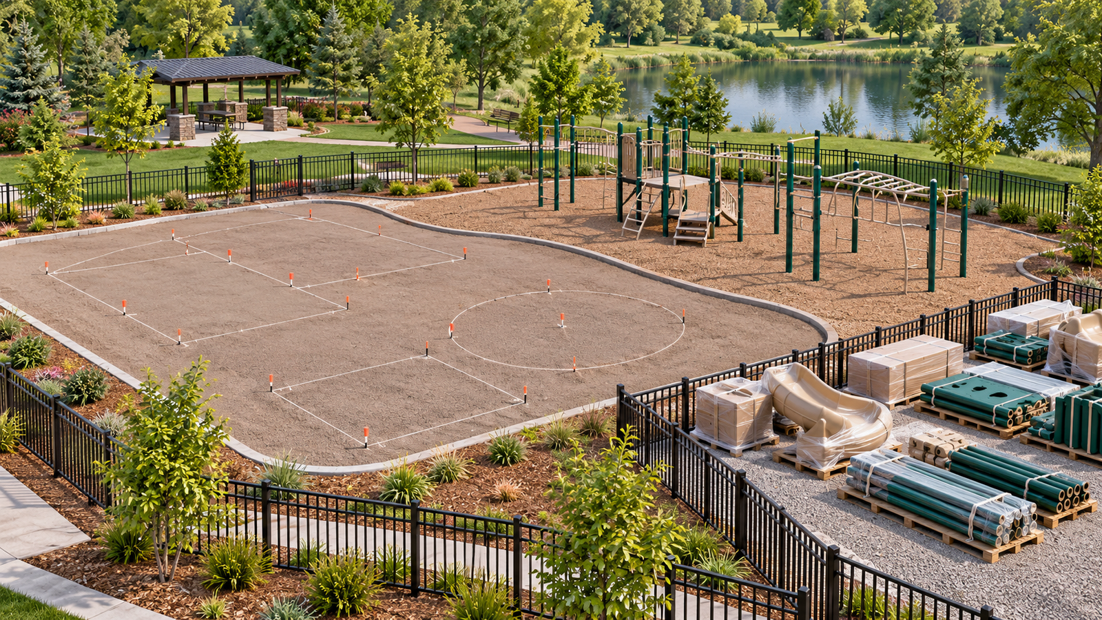 AI concept rendering of an outdoor playground installation site with prepared ground, staged equipment and a separated work area.