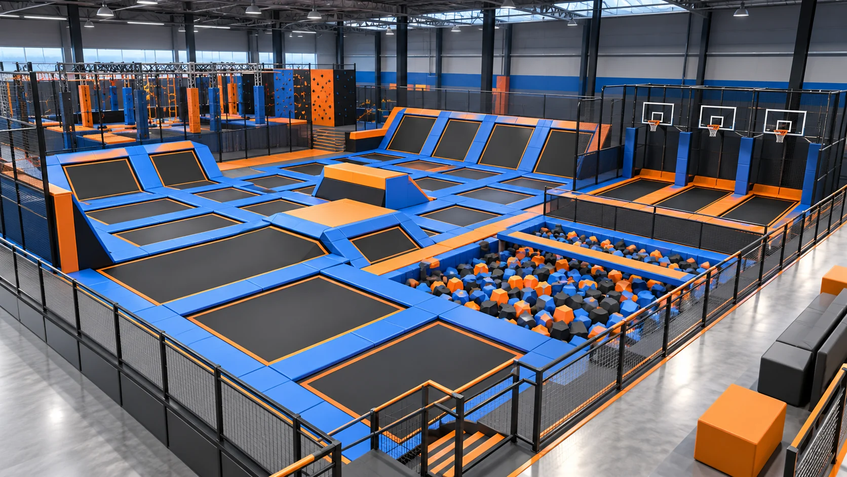 AI concept rendering of trampoline park equipment components and layout