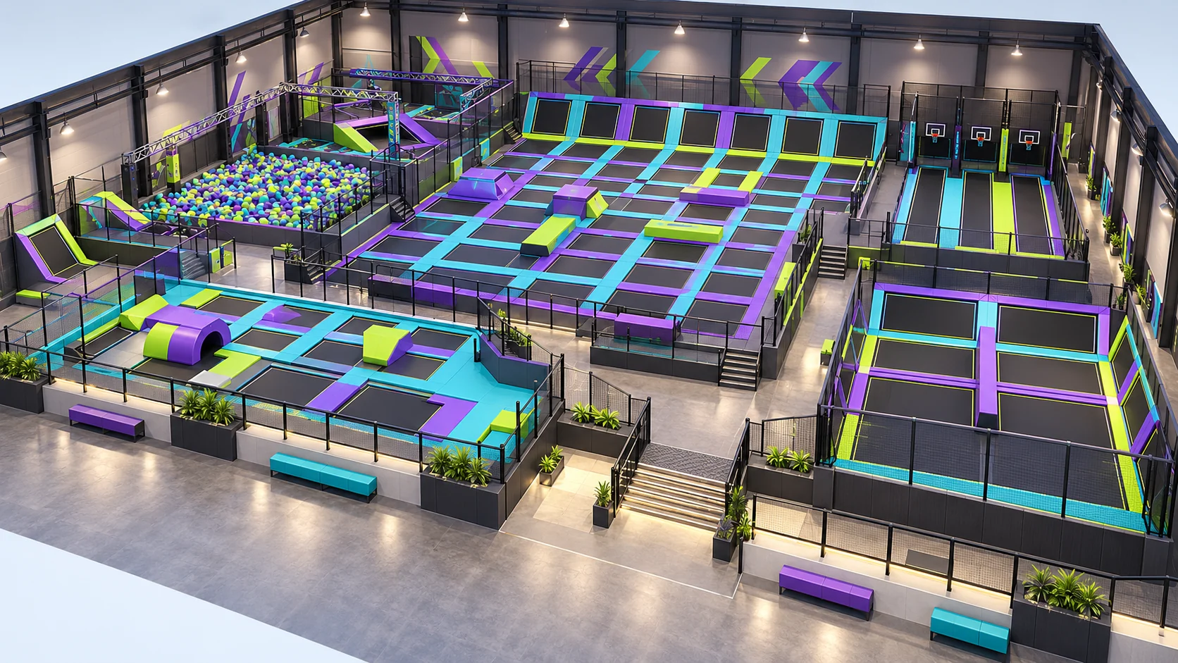 AI concept rendering of an indoor trampoline park activity mix