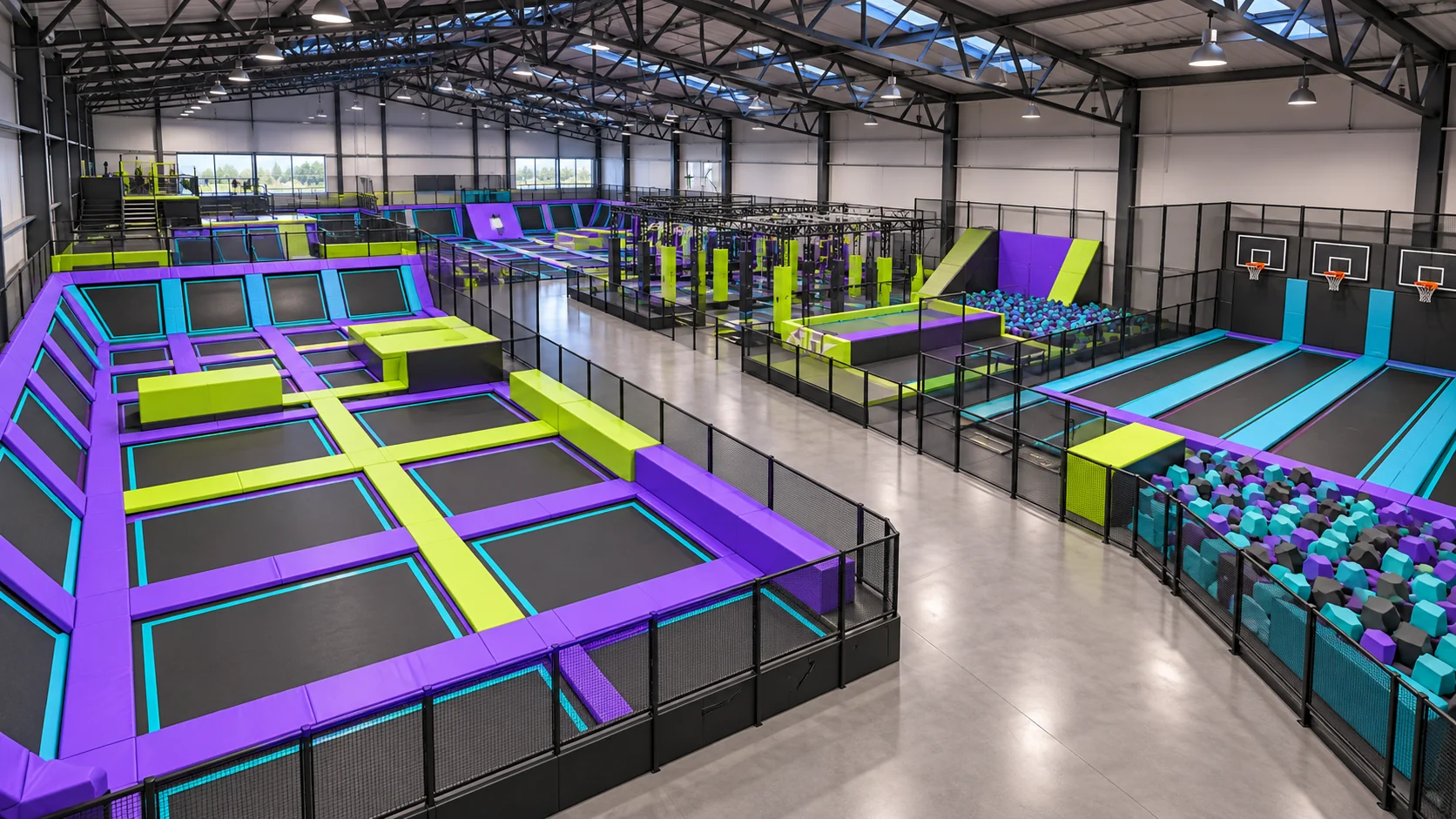 AI concept rendering of indoor trampoline park equipment activity zones and circulation