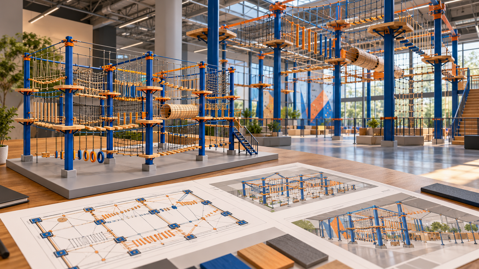 AI concept for a rope course manufacturer comparison showing a course model, planning sheets and the proposed indoor venue.