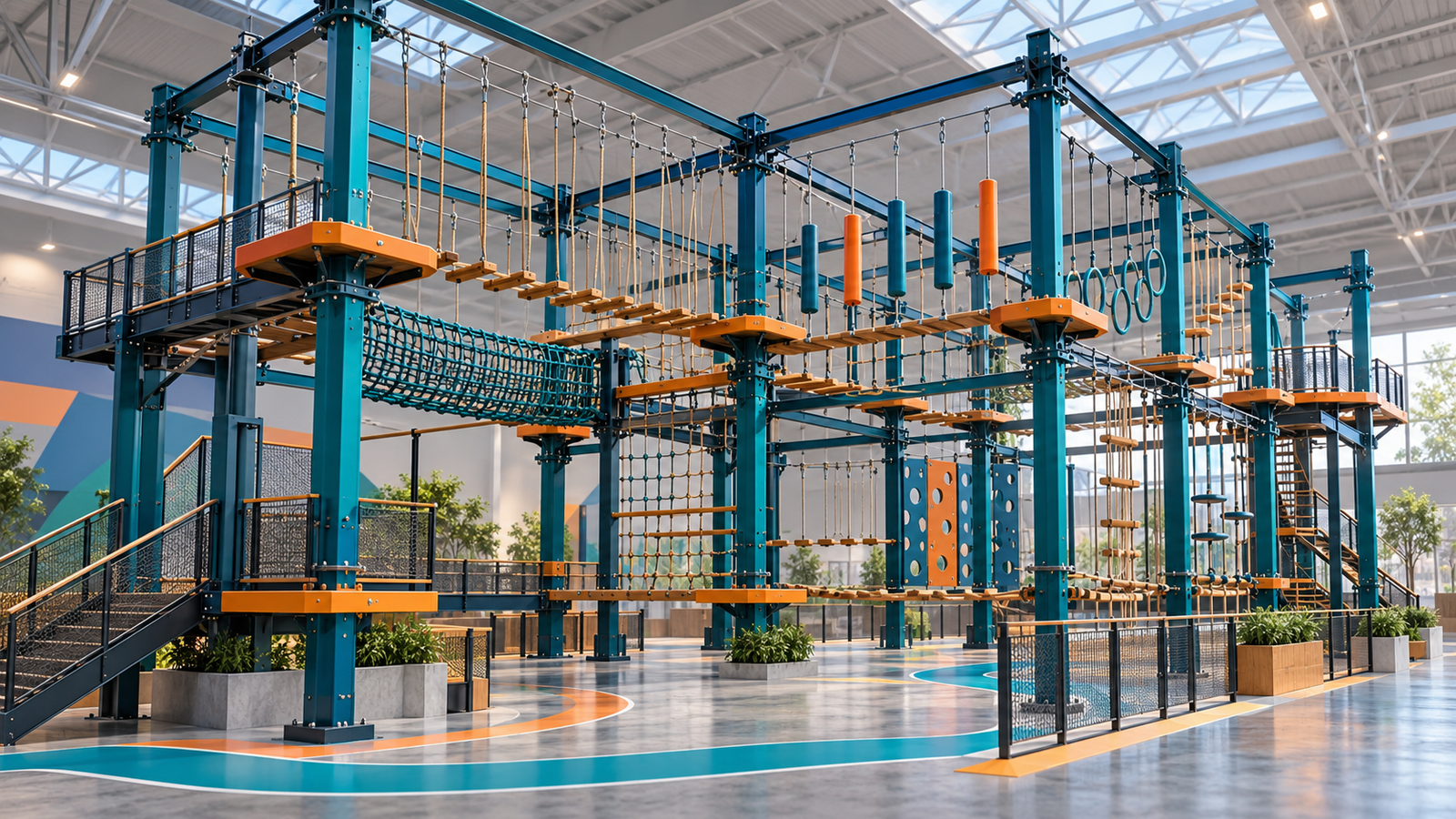 AI concept rendering of an indoor rope course with steel supports, connected platforms and suspended obstacles.