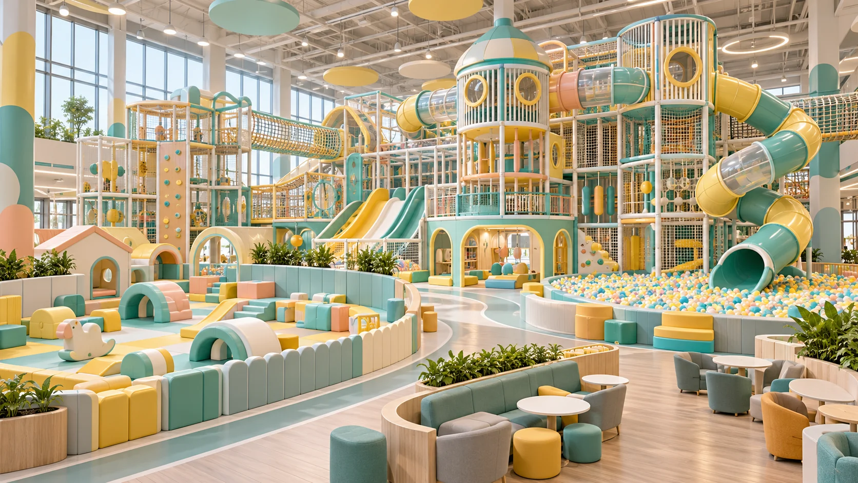 AI concept rendering of commercial indoor playground equipment zones