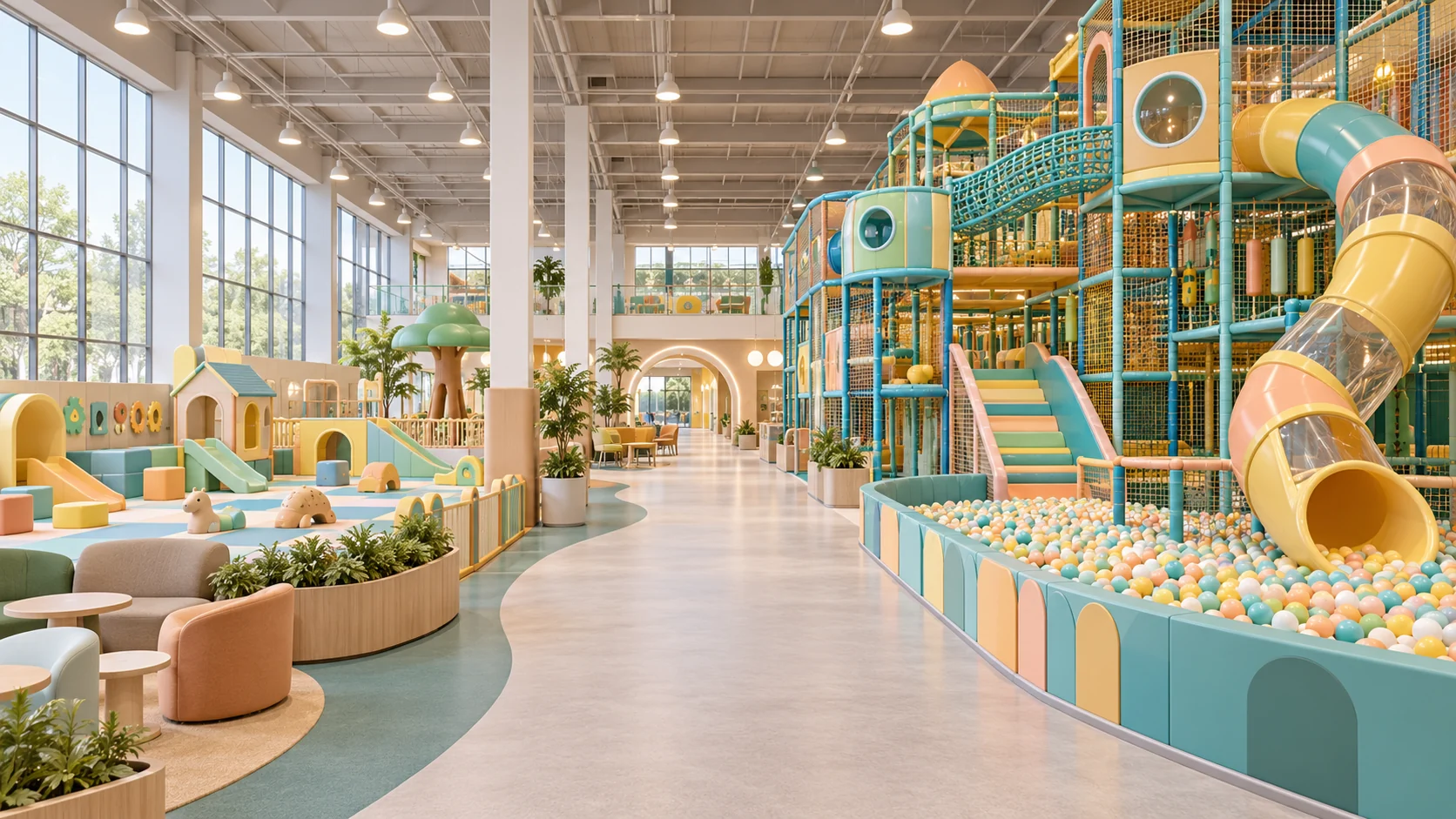 AI concept rendering of indoor playground zones and an access aisle