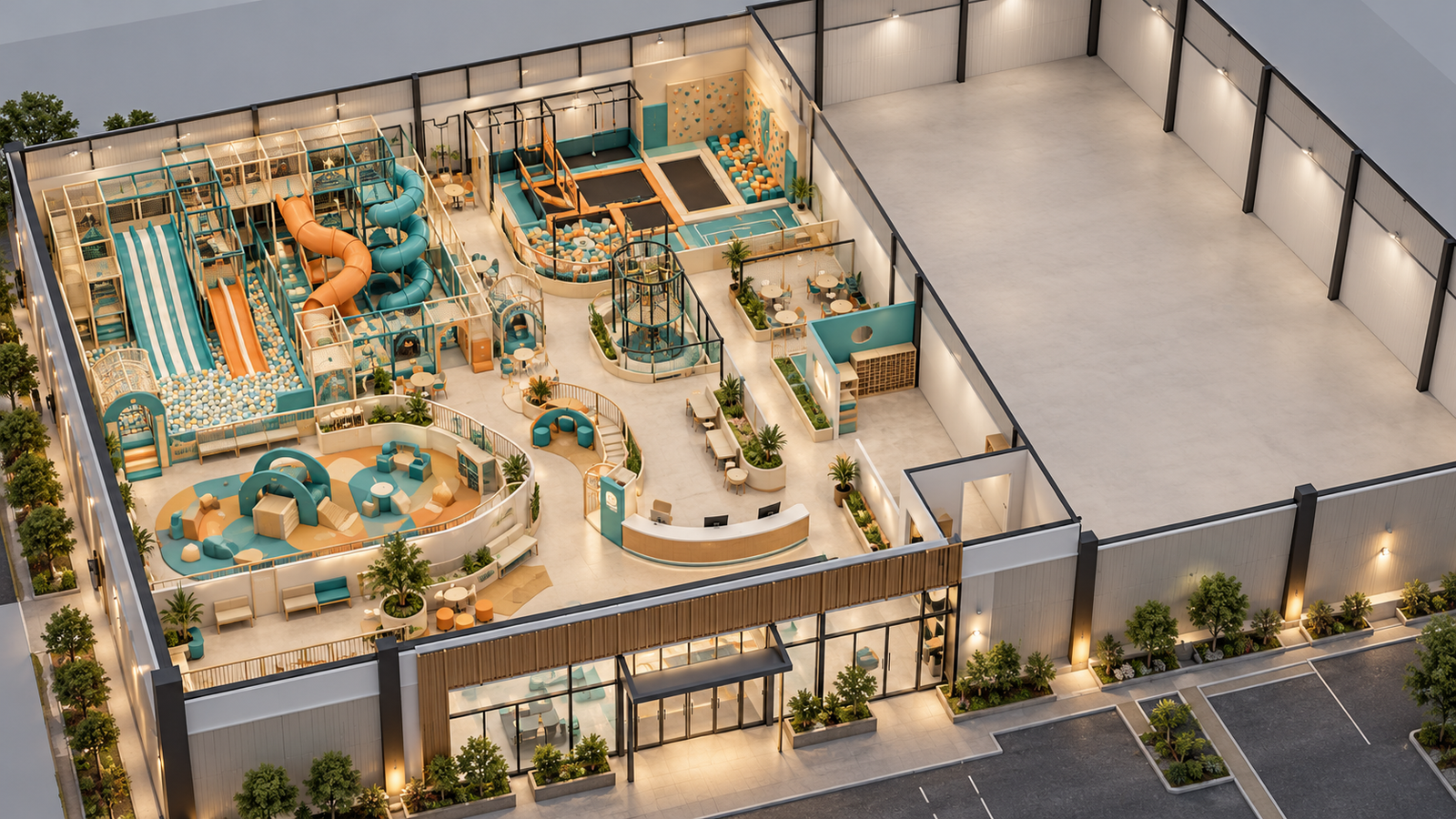 AI concept of family entertainment center equipment showing opening-stage activities and a separate provisional expansion area.