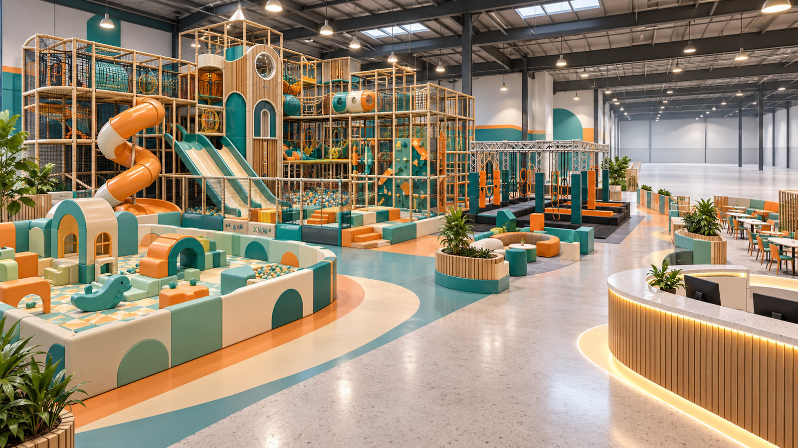AI concept rendering of a family entertainment center with soft play, toddler activities, circulation and a separated future activity bay.