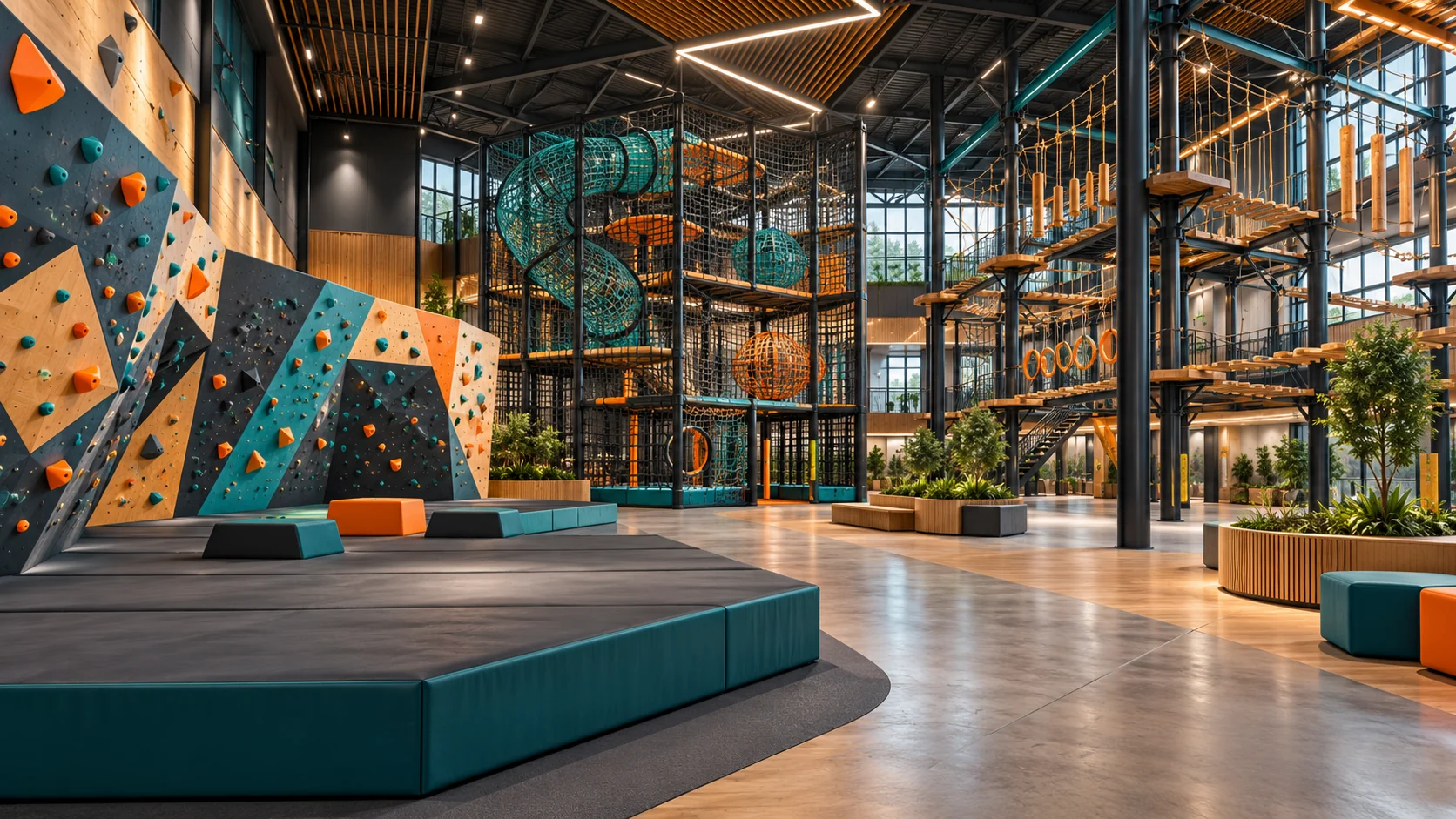 AI concept rendering comparing climbing, net and aerial adventure activities