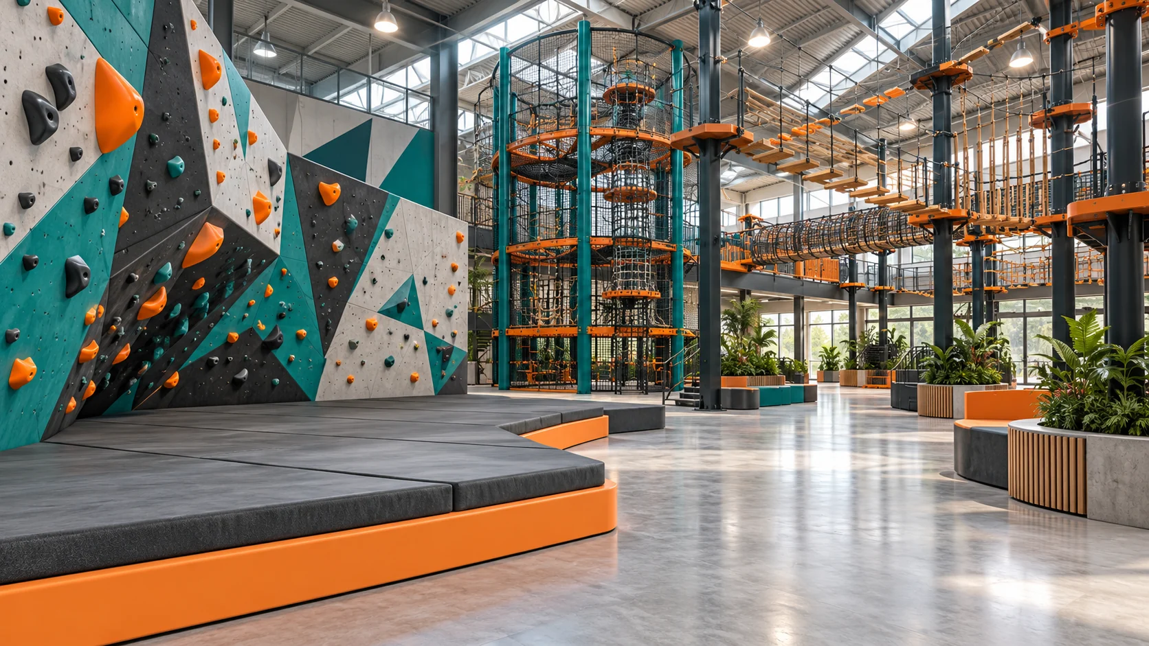 AI concept rendering of commercial adventure play equipment with climbing, net and aerial activity zones