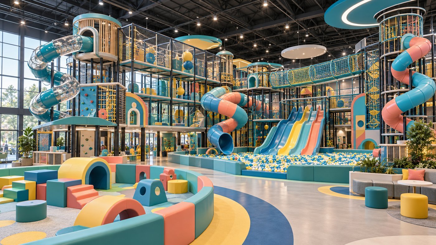 AI concept rendering of a large commercial indoor playground design with multi-level slides and a toddler area