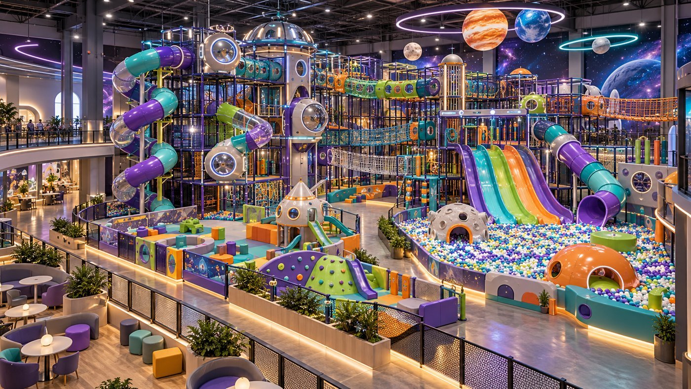 AI concept rendering of a large space-themed commercial indoor playground