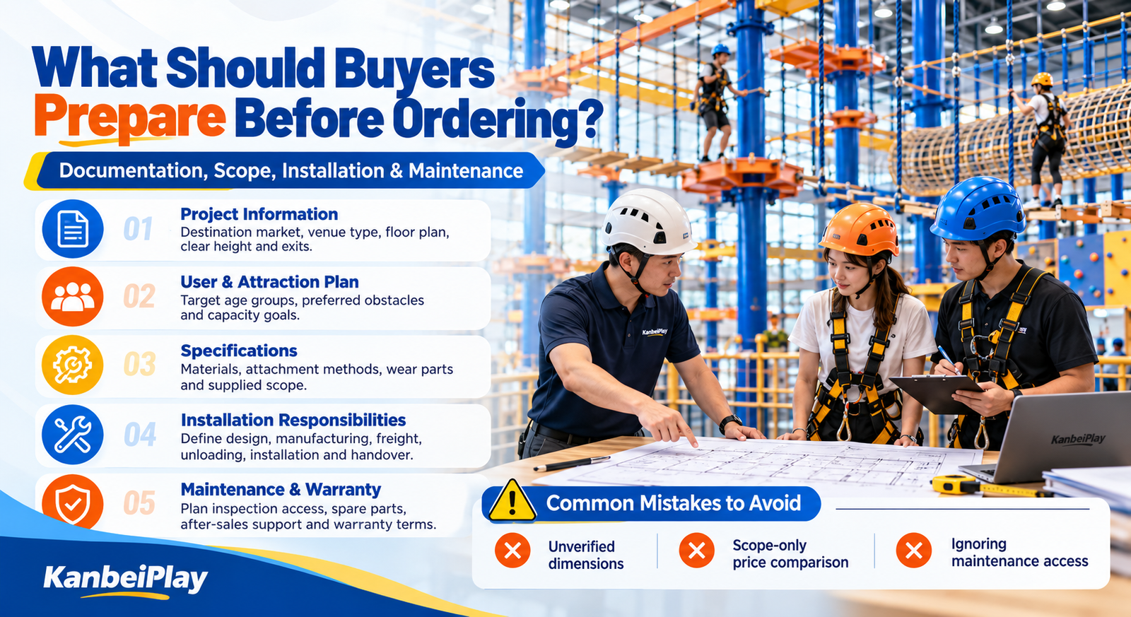 Illustrated buyer preparation checklist covering project information, equipment specifications, installation responsibilities and maintenance, with an indoor ropes course concept.